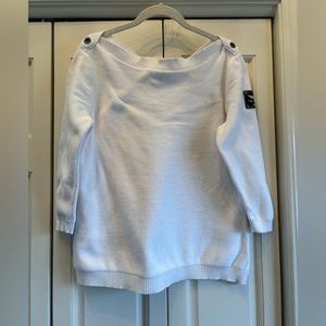 Ralph Lauren white cotton boat neck sweater with silver rivets, 3/4 sleeve, L